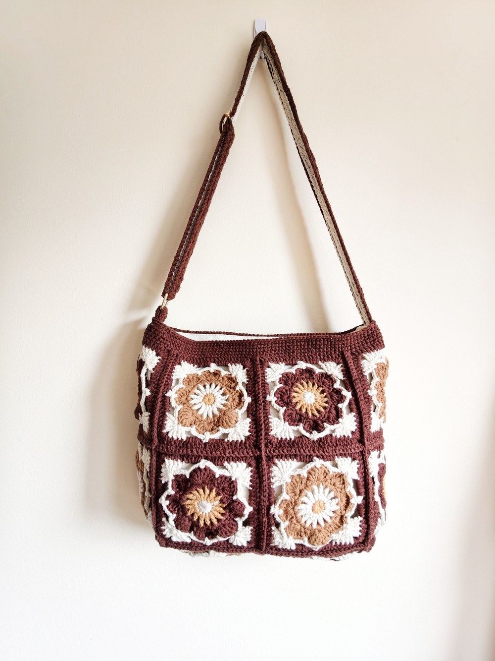 Handmade Crochet Floral Square Shoulder Bag in Brown and Cream